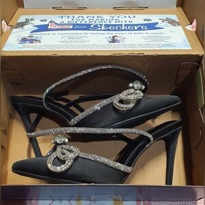 Elisabet Tang Black Satin Pointed Toe Pumps with Rhinestone Double Bow - Size 7